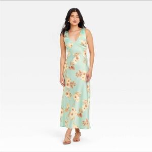 Mint Floral Satin Slip V-Neck Maxi Dress